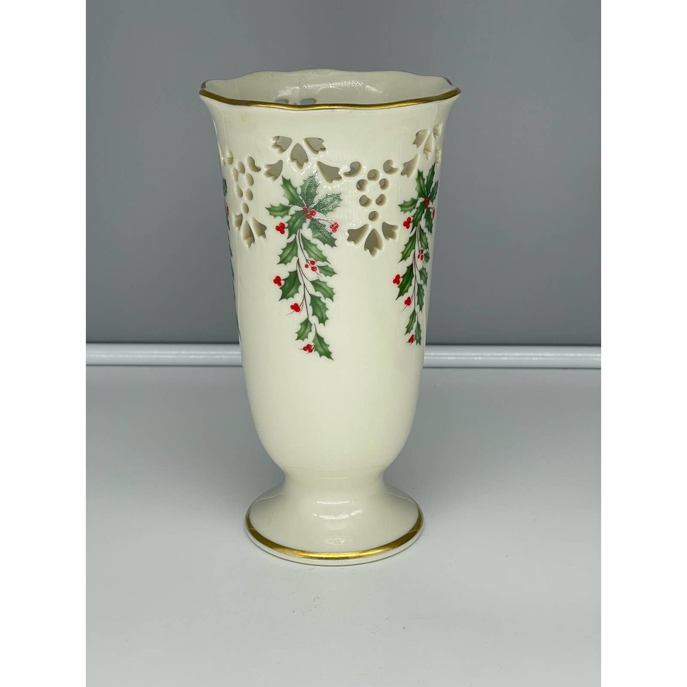 Lenox Holiday Pierced Medium Footed Vase Holly Berry Motif & Scalloped Rim